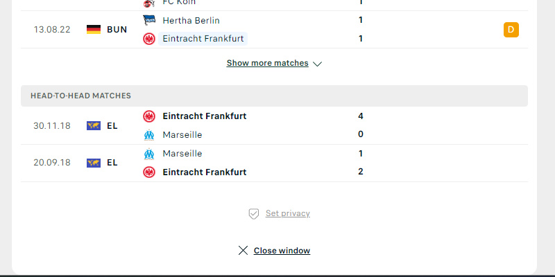 Lịch sử đối đầu Marseille vs Frankfurt